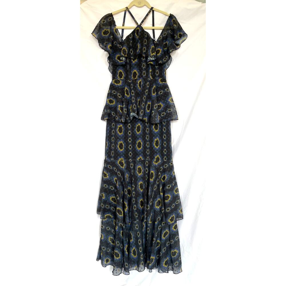Cynthia Rowley Romantic Tiered Ruffle Maxi Dress, Black Blue Mod Floral Size 4